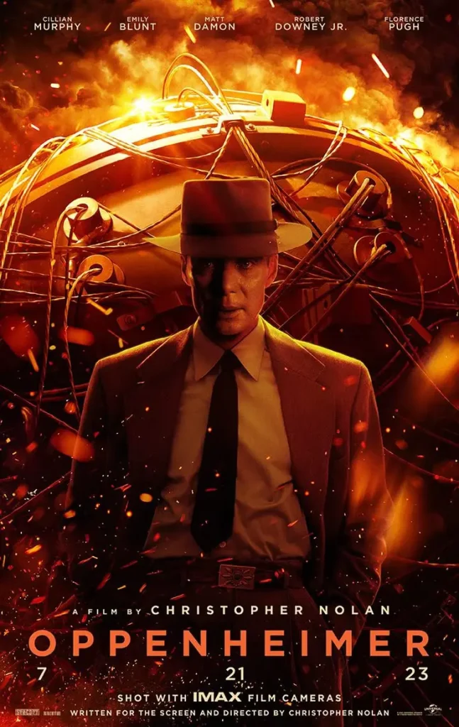 Oppenheimer movie poster showing Cillian Murphy as J. Robert Oppenheimer with a backdrop of the atomic bomb explosion