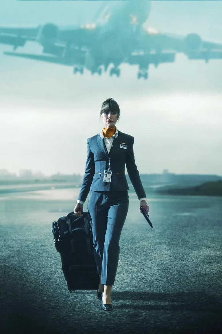 Jo Conran standing under a plane, suitcase in hand, in the poster for Channel 4’s 2025 drama In Flight.